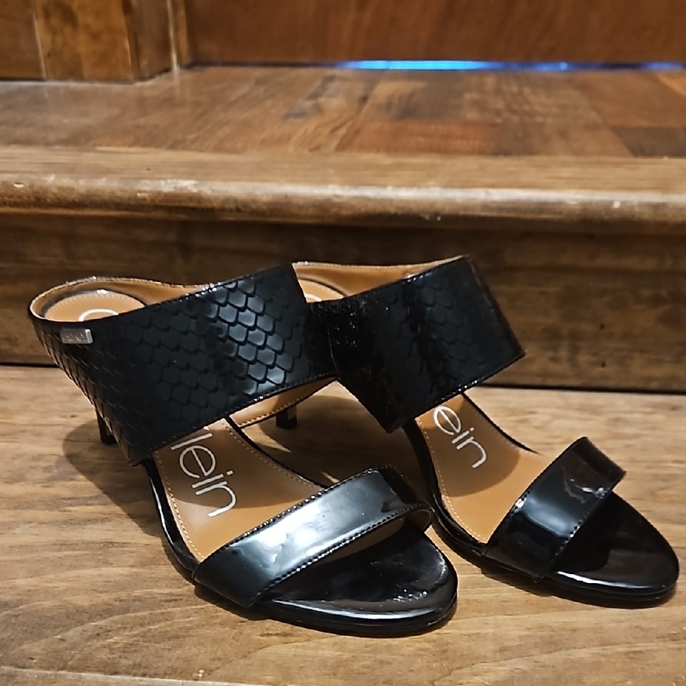 Calvin Klein Black Heels with Slip-On Design and Textured Straps